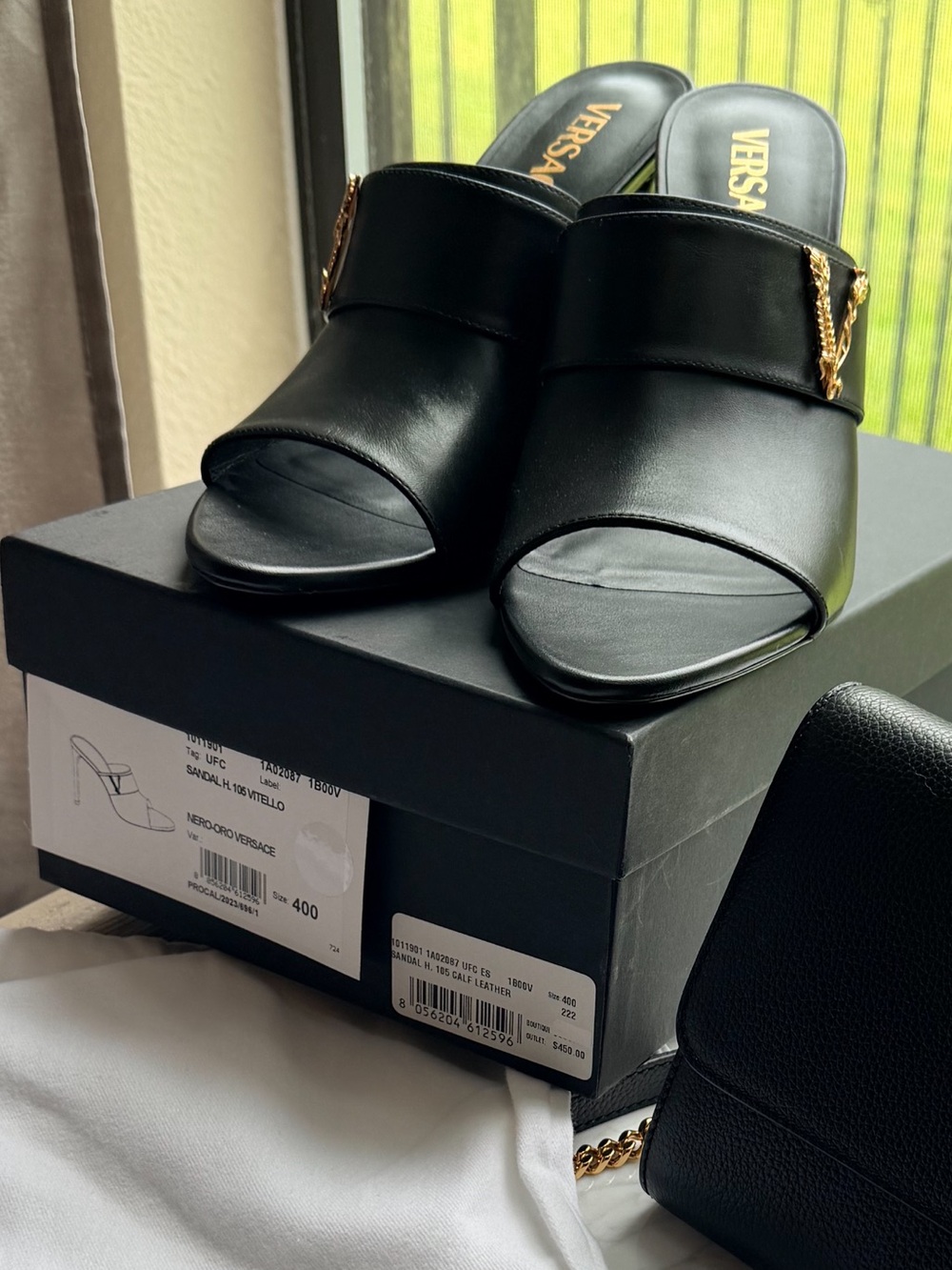 Versace Black Leather Open-Toe Mules with Gold Medusa Detail